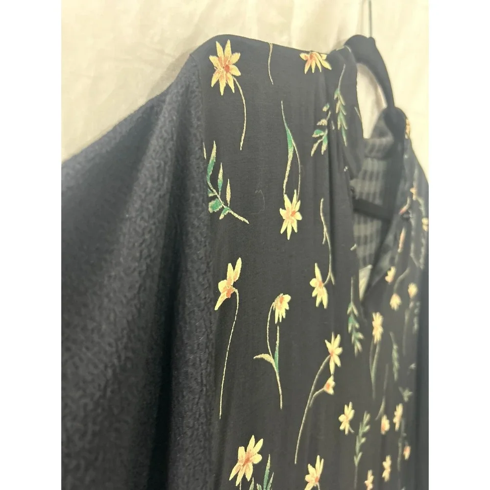 Onion‎ Womens Floral Embroidered Mixed Media Midi Dress Black Gingham Trim 913